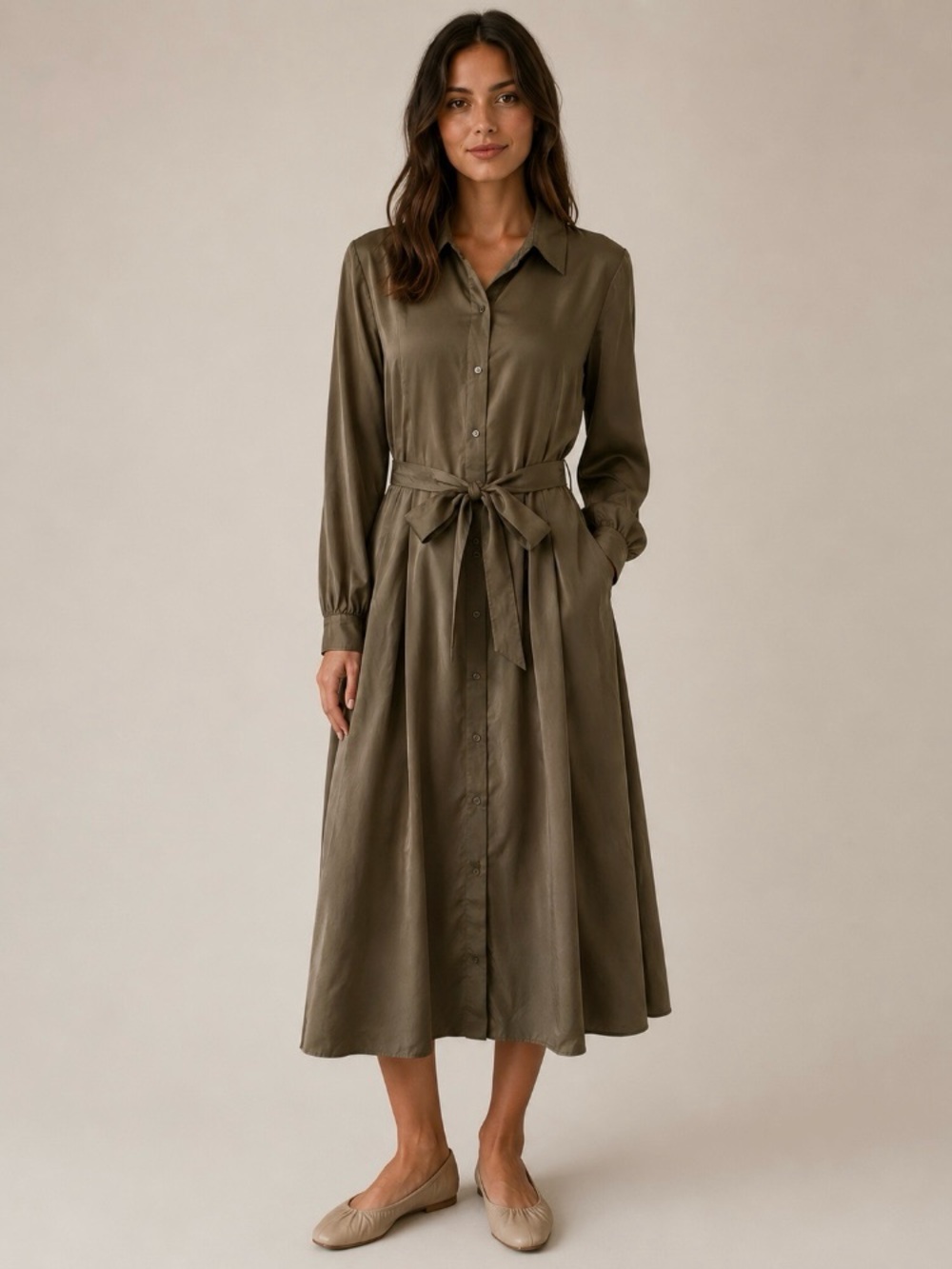 Current Air Belted Long Sleeve Shirtdress Olive Green Shimmer
